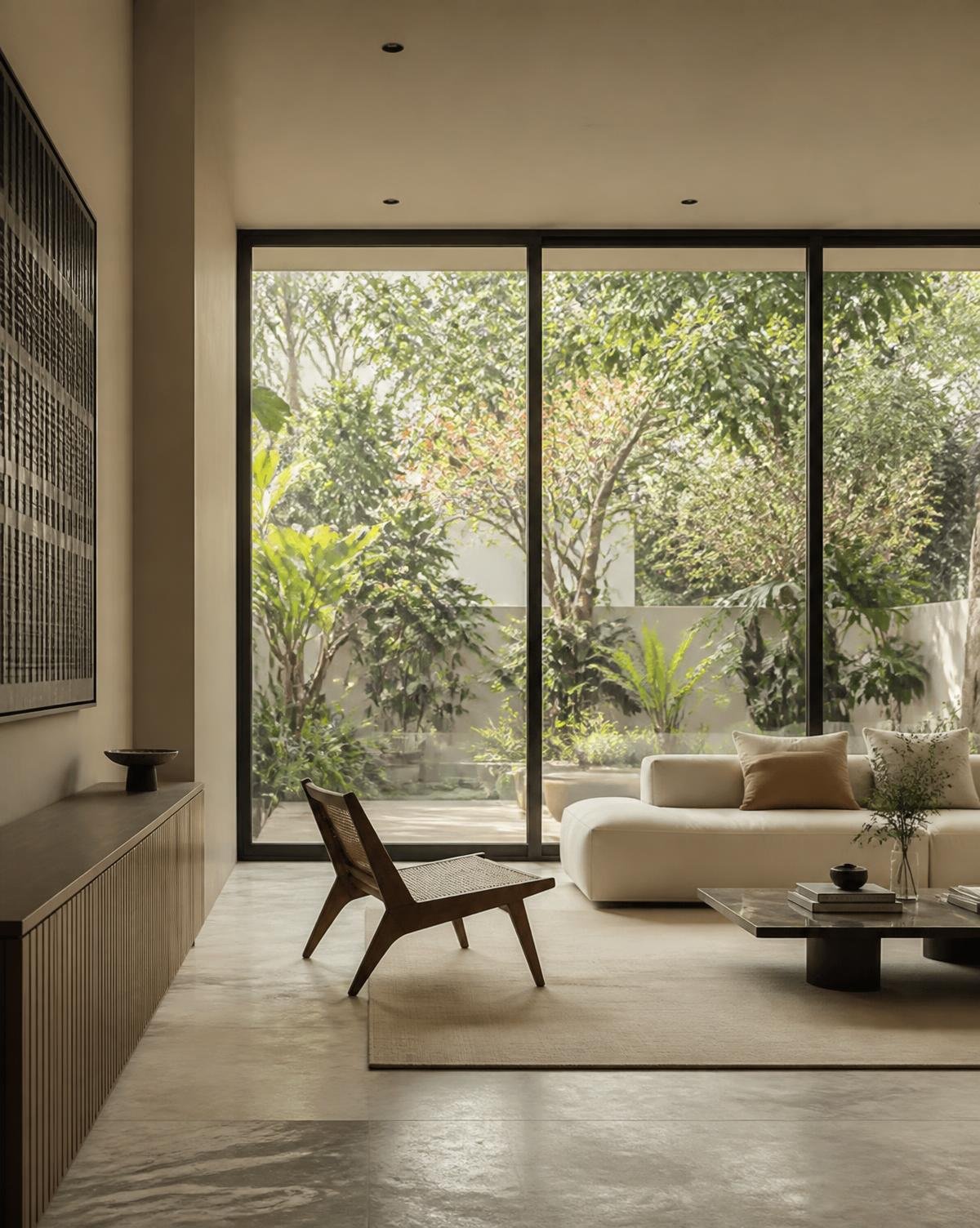 Minimal living room opening to a garden through large windows
