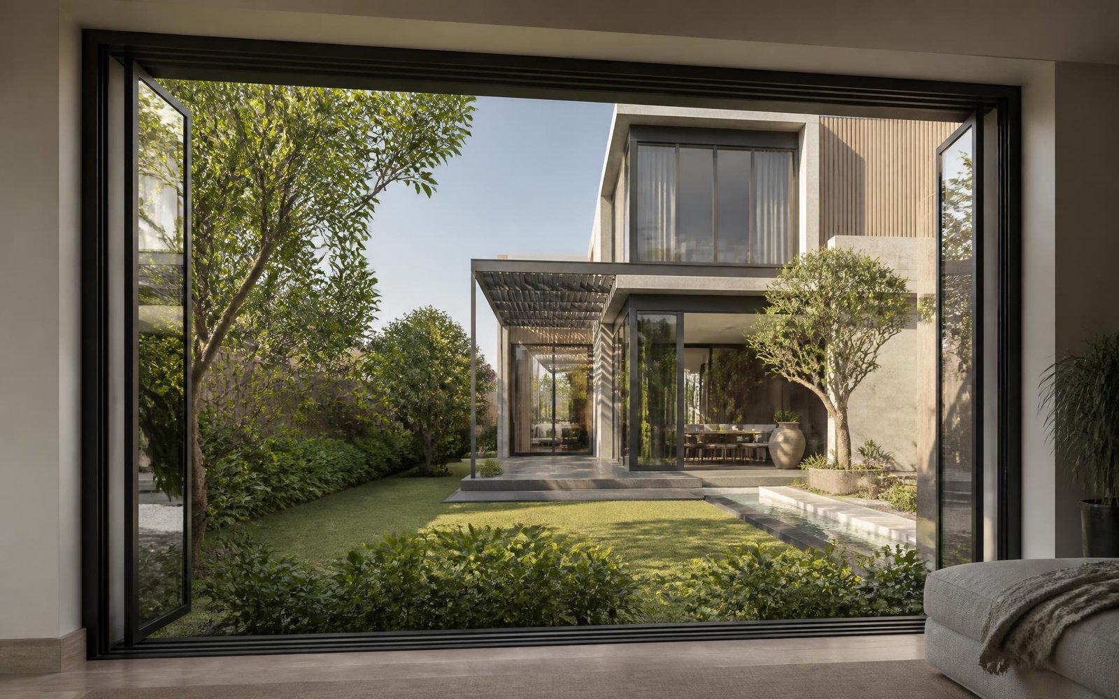 Large uPVC window opening onto a landscaped garden